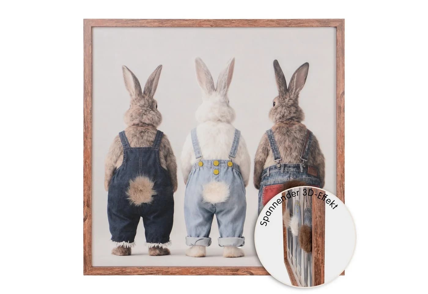 UNUS HOME Wandbild Hasen mit Latzhose 60x60cm 3D Effekt Wollschwänzchen - Bild 2