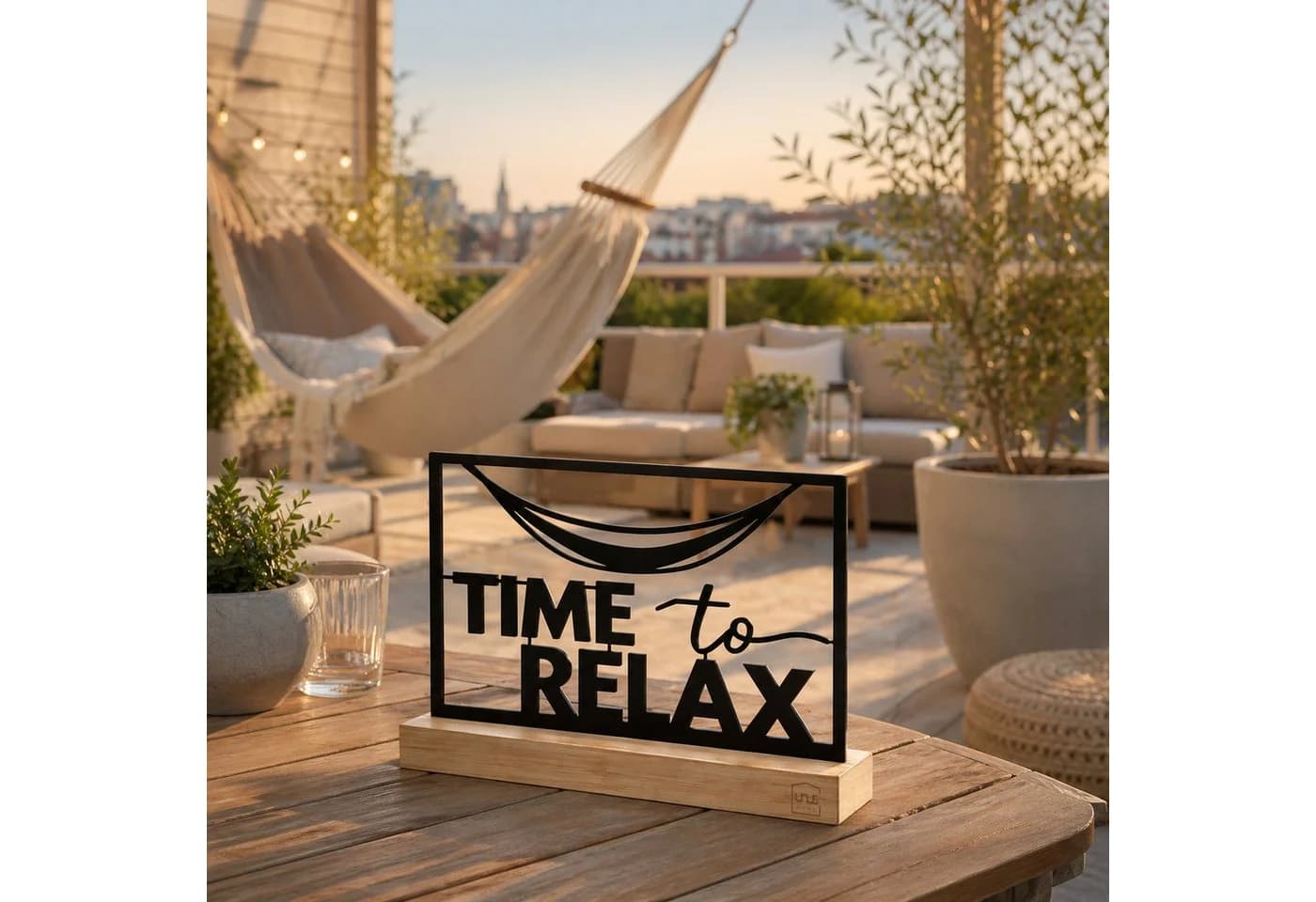 UNUS HOME Dekofigur „Time to Relax“ Schriftzug Metall Holzsockel - Bild 3