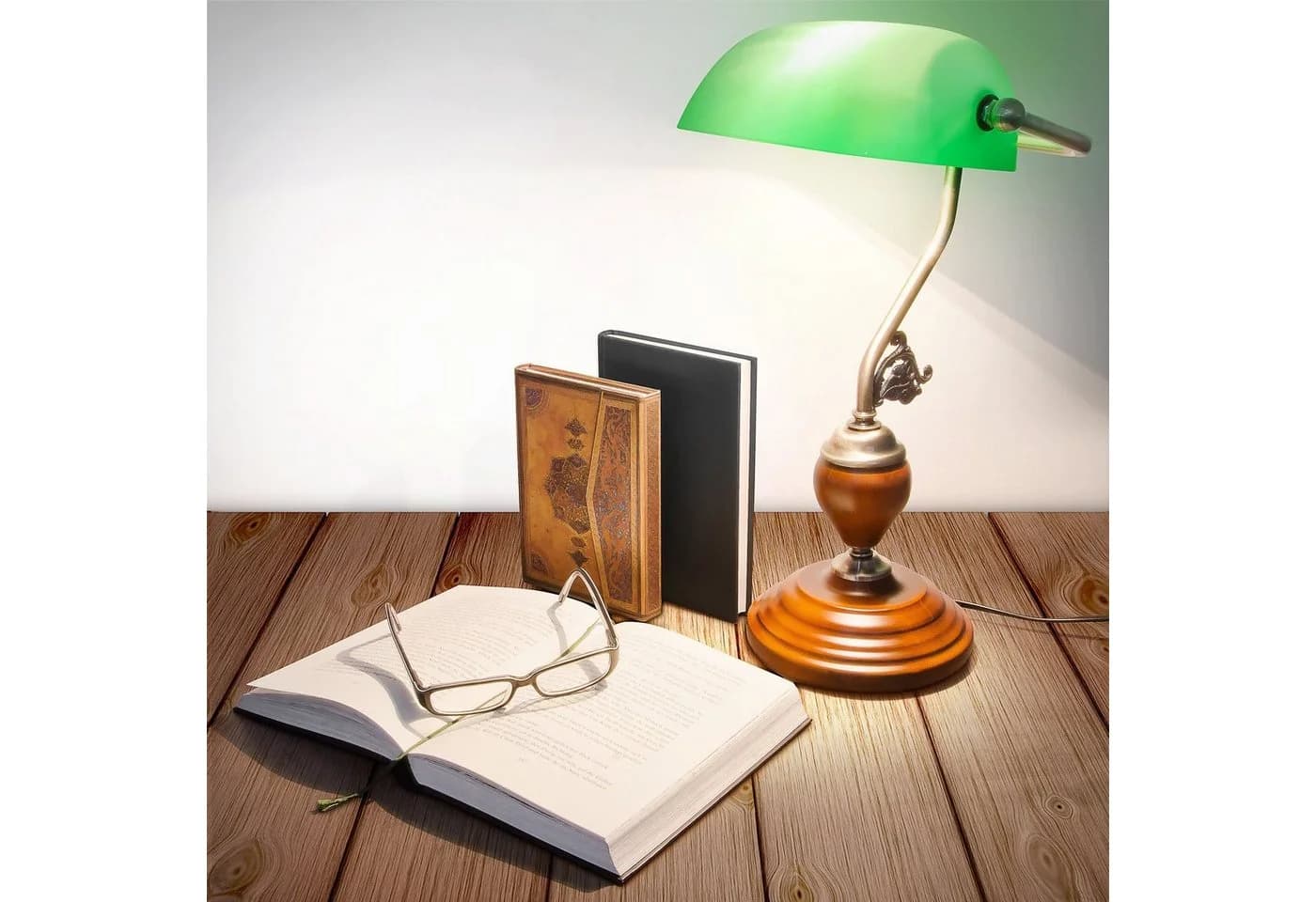 relaxdays Bankerlampe JONES Vintage Schreibtischlampe mit Holzfuß
