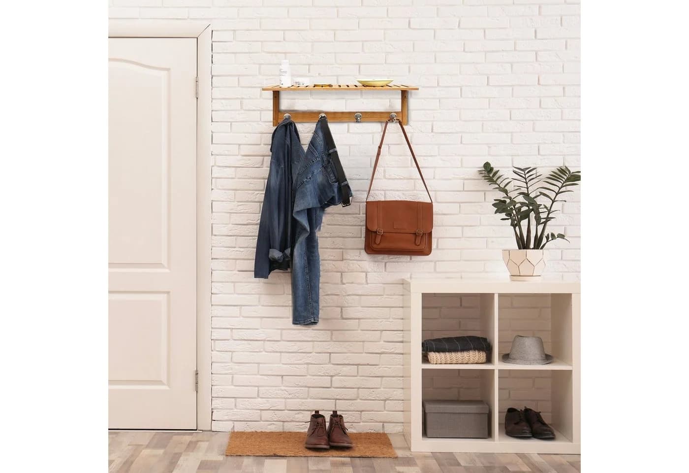 relaxdays Wandgarderobe Bambus mit Hakenleiste Braun/Silber - Bild 5