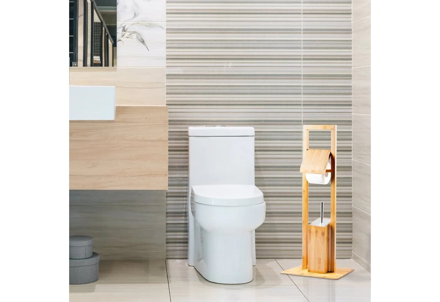 relaxdays WC Garnitur Bambus mit Toilettenpapierhalter und Bürstenhalter