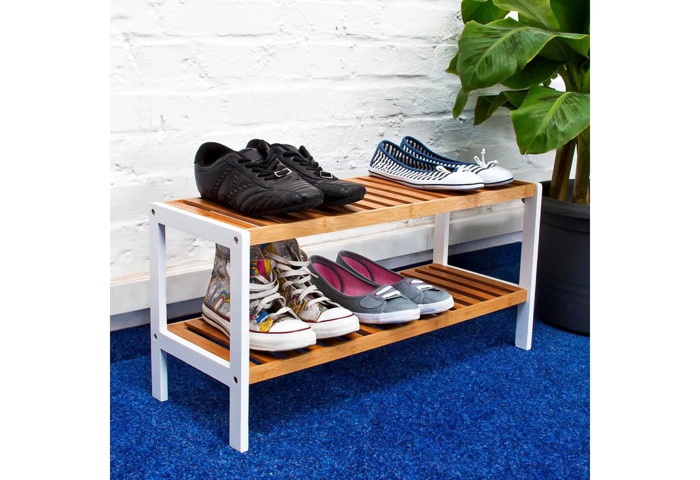 relaxdays Schuhregal Bambus 2 Etagen Braun Weiß
