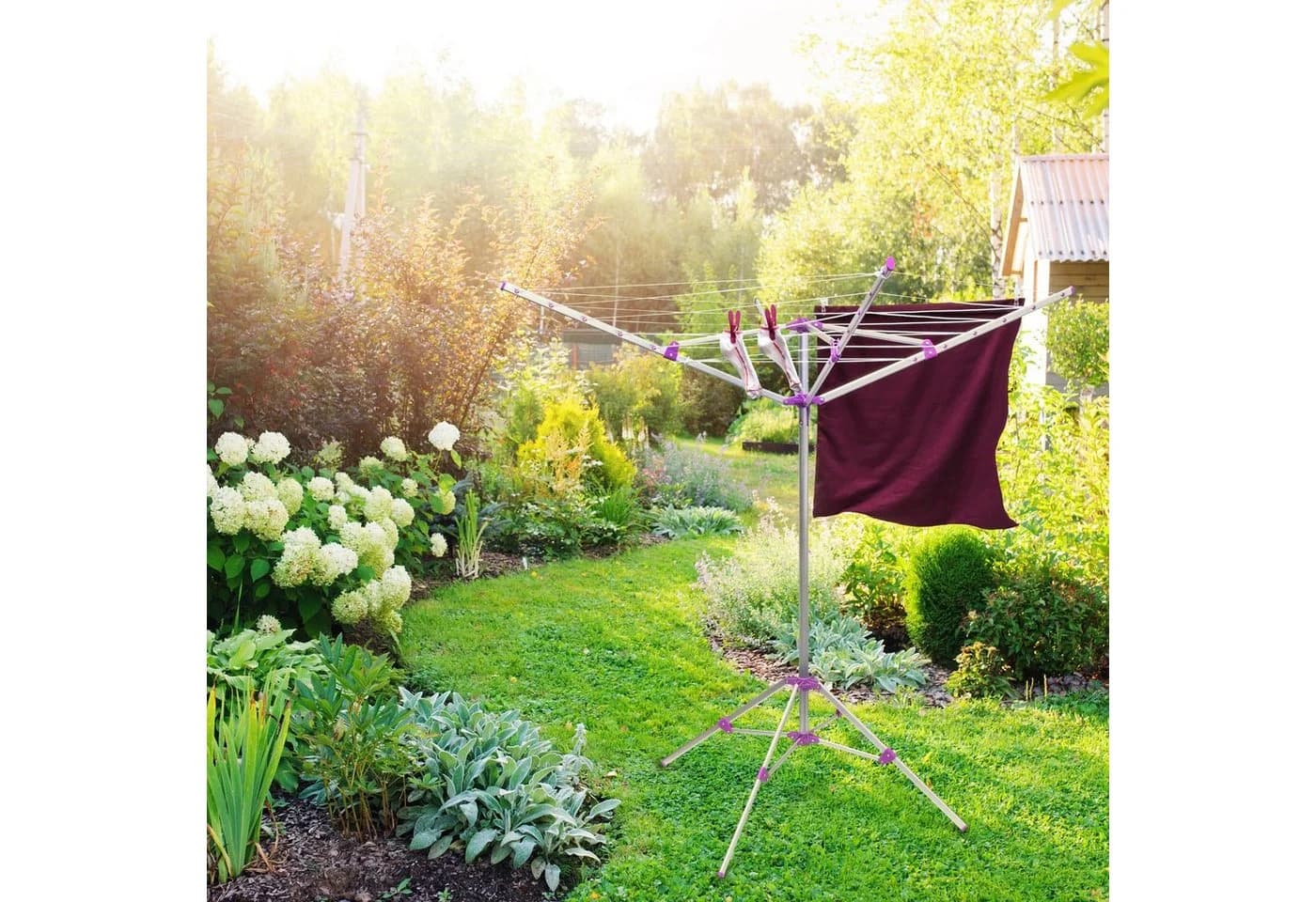 relaxdays Wäschespinne 19 m Leine mit Standfuß Silber Lila