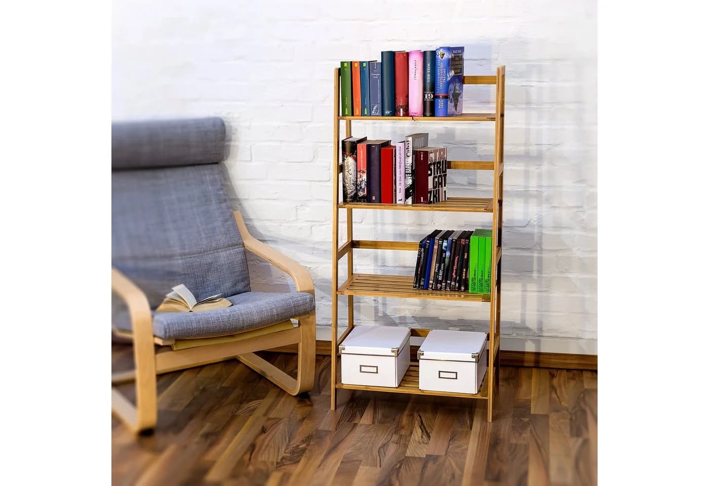 relaxdays Bücherregal Bambus Leiterform 4 Etagen