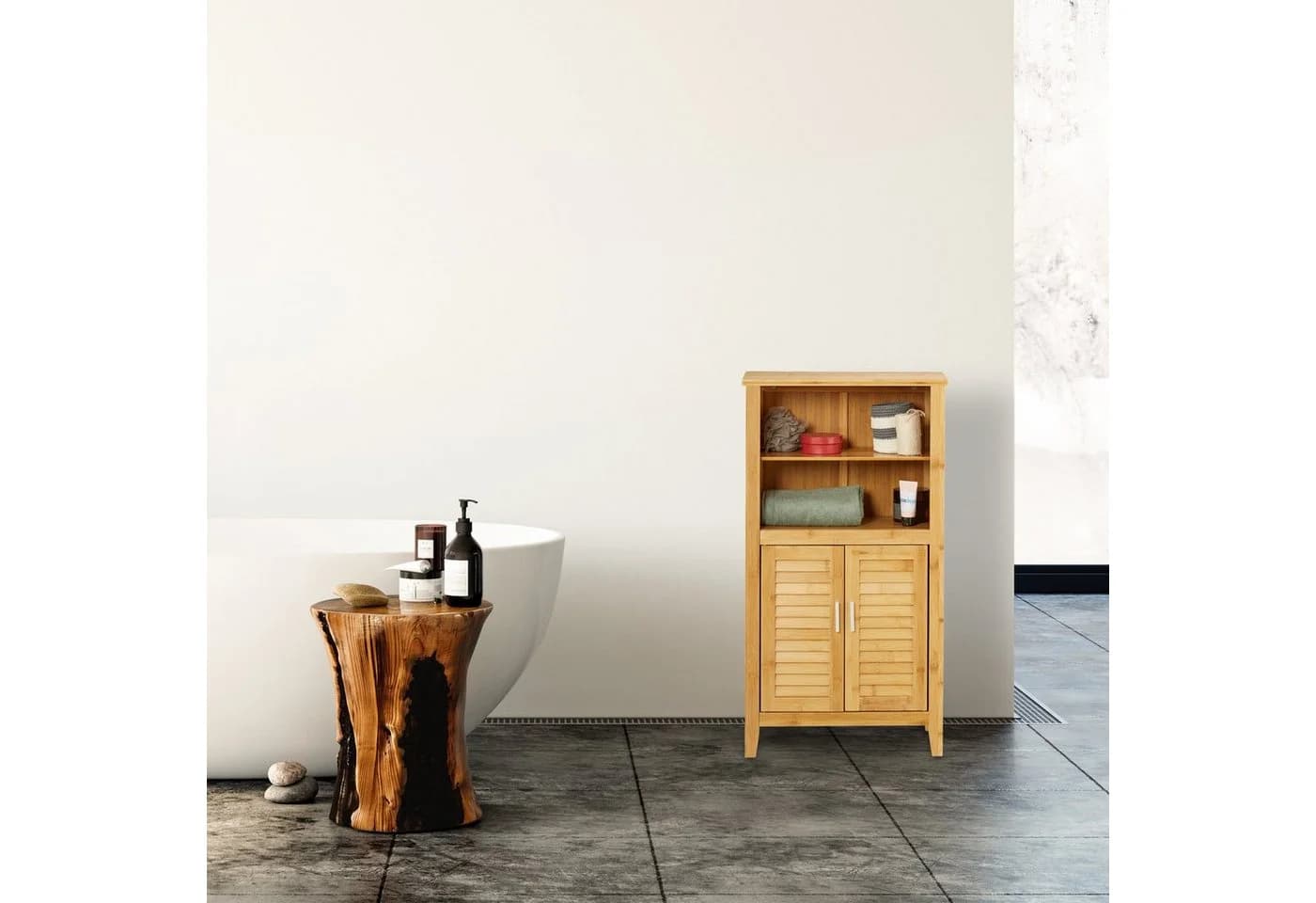 relaxdays Midischrank LAMELL Bambus Badezimmerschrank mit Lamellen-Türen