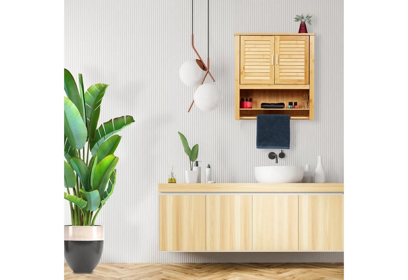 relaxdays Hängeschrank LAMELL Bambus Wandmontage mit Handtuchhalter