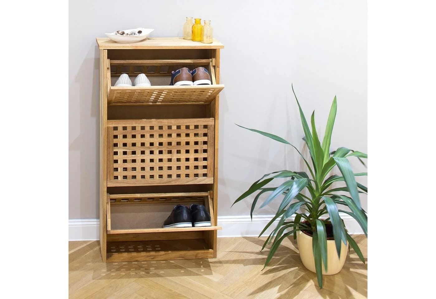 relaxdays Schuhkipper hoch Walnuss - Kipp-Schuhregal aus Holz