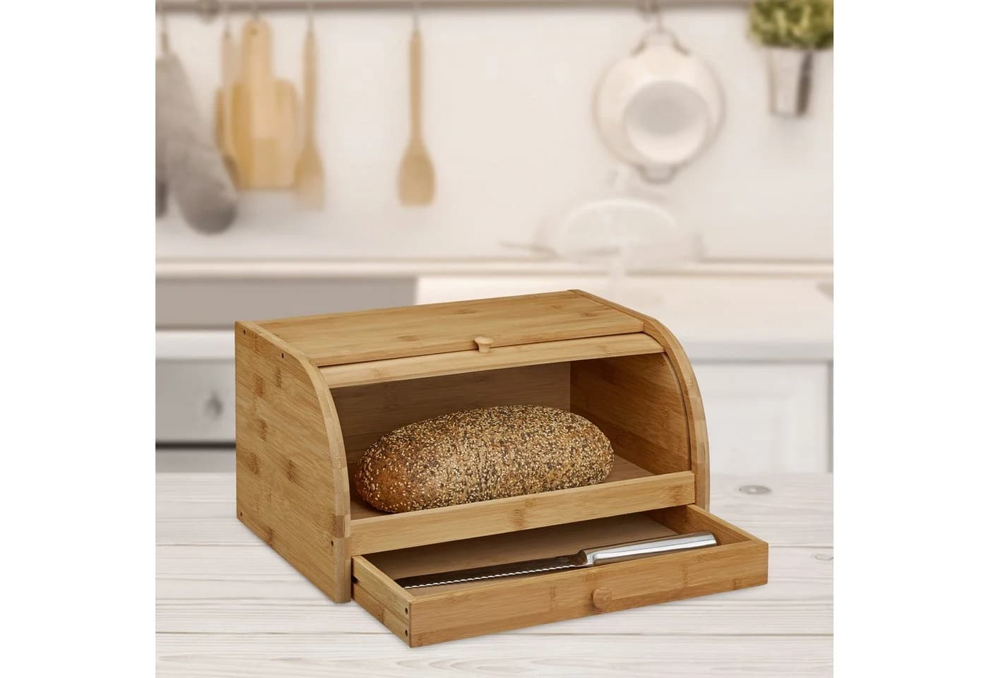 relaxdays Brotkasten mit Schublade und Rolldeckel Bambus