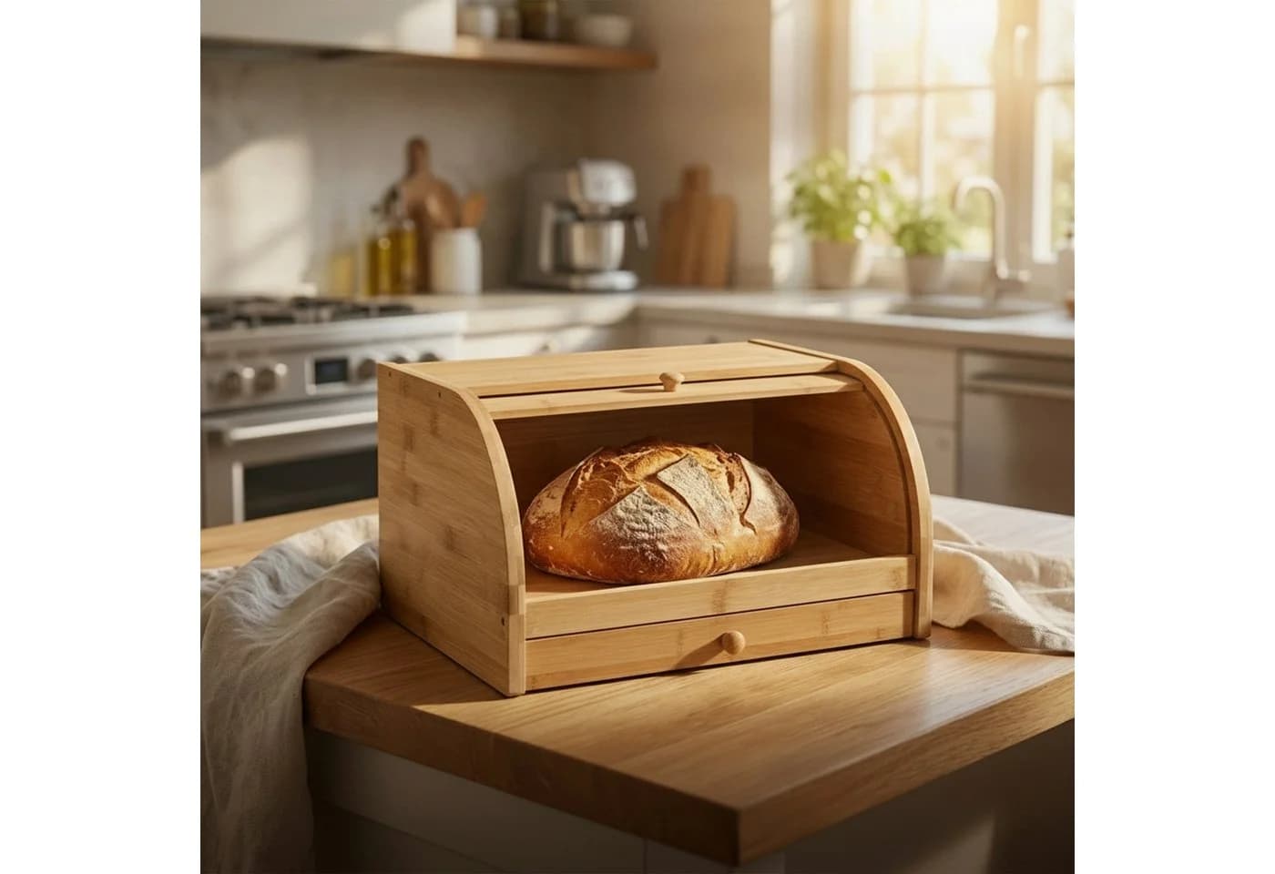 relaxdays Brotkasten mit Schublade und Rolldeckel Bambus - Bild 3
