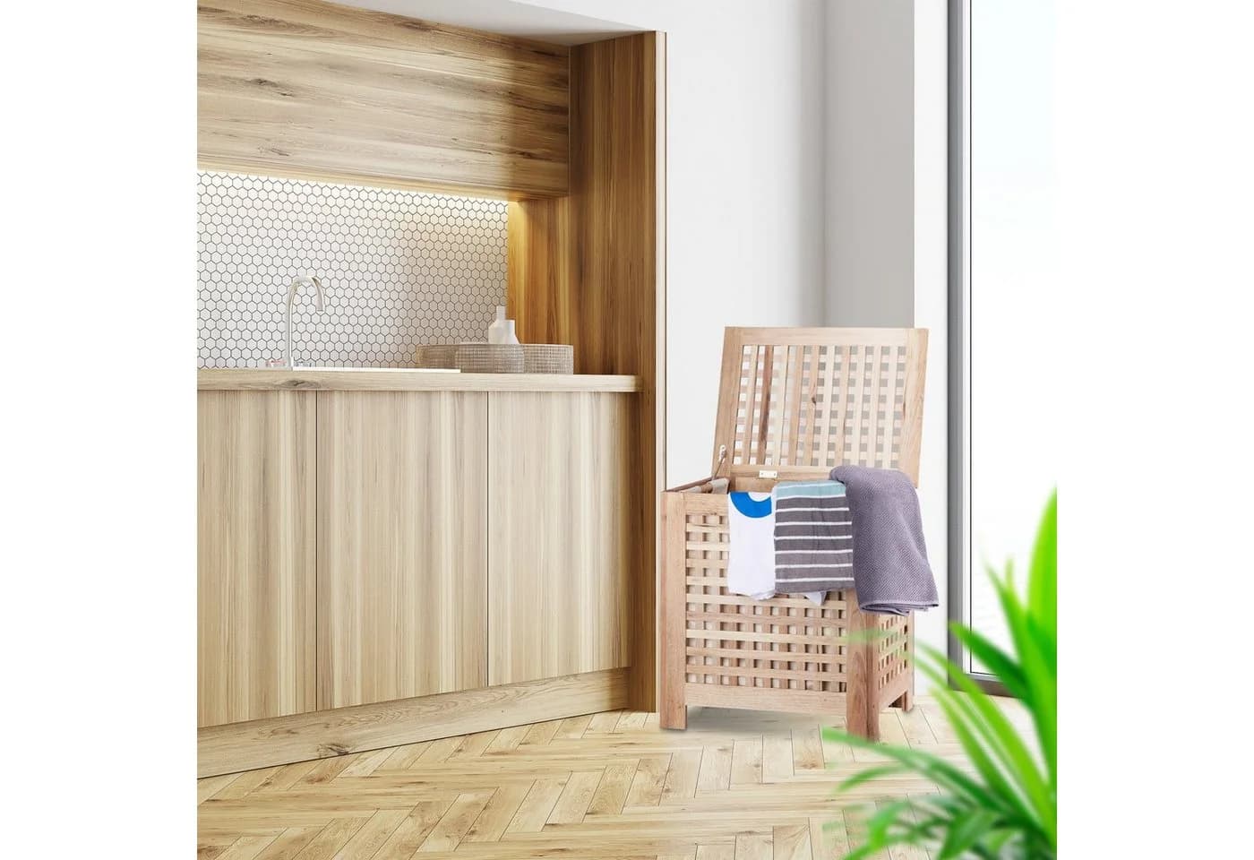 relaxdays Wäschetruhe Walnuss mit Wäschesack