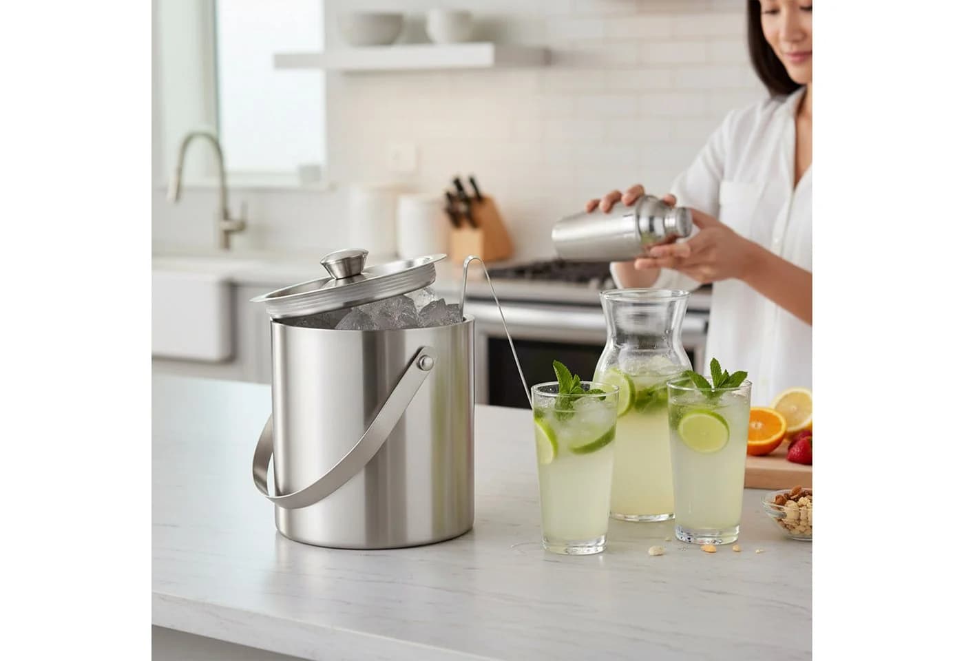 relaxdays Eiseimer Edelstahl mit Eiszange 1,5L Silber
