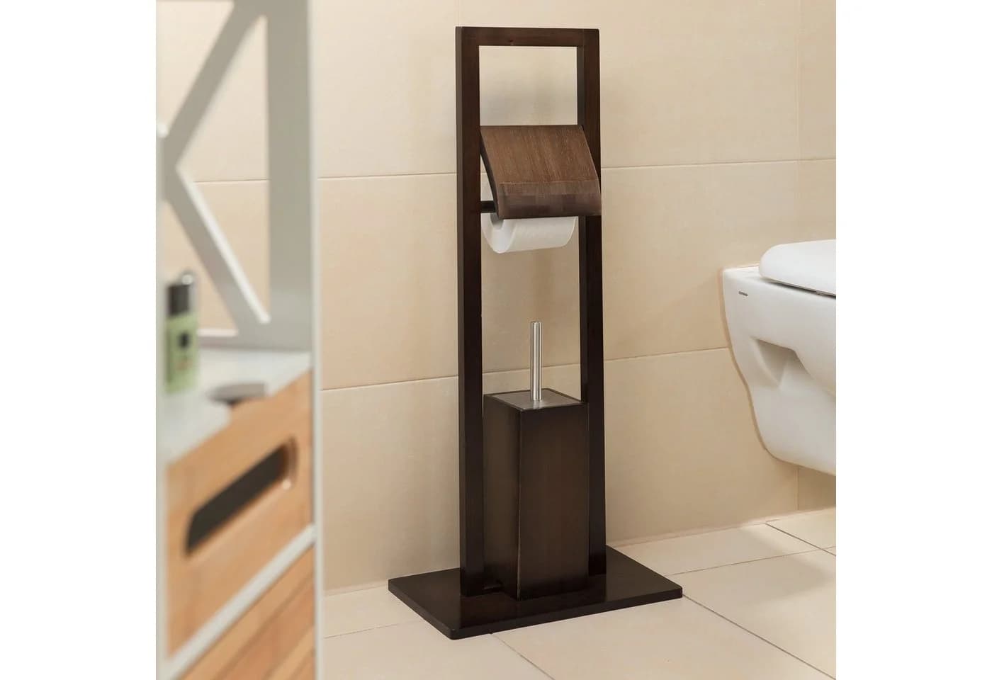 relaxdays WC-Garnitur Bambus Dunkelbraun mit Toilettenpapierhalter