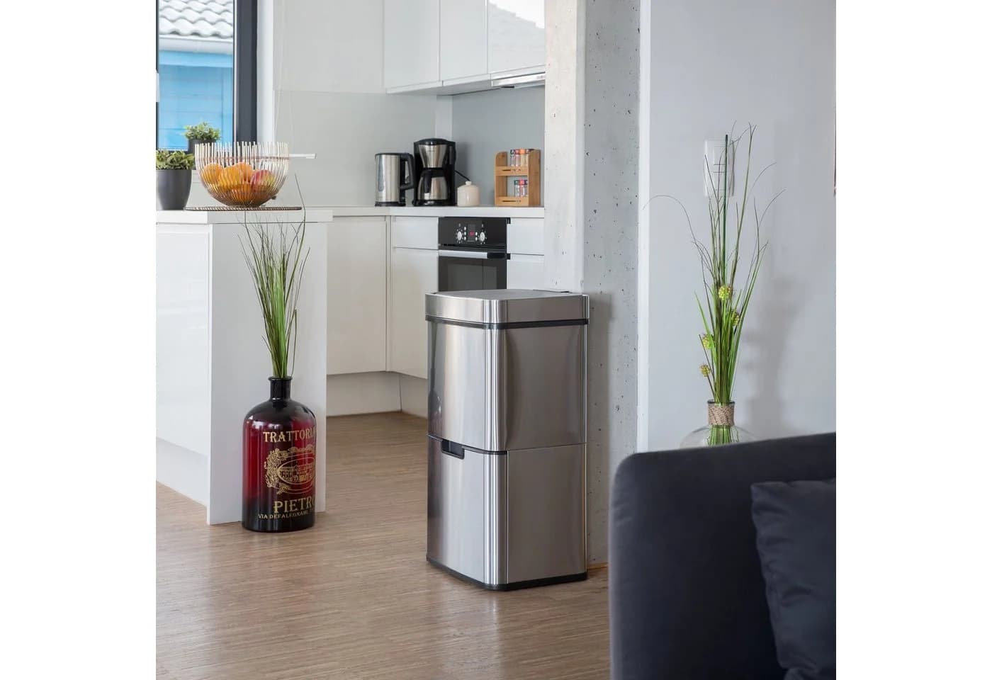 relaxdays Mülleimer Mülltrennsystem 3-fach mit Sensor Edelstahl Silber Grau Grün