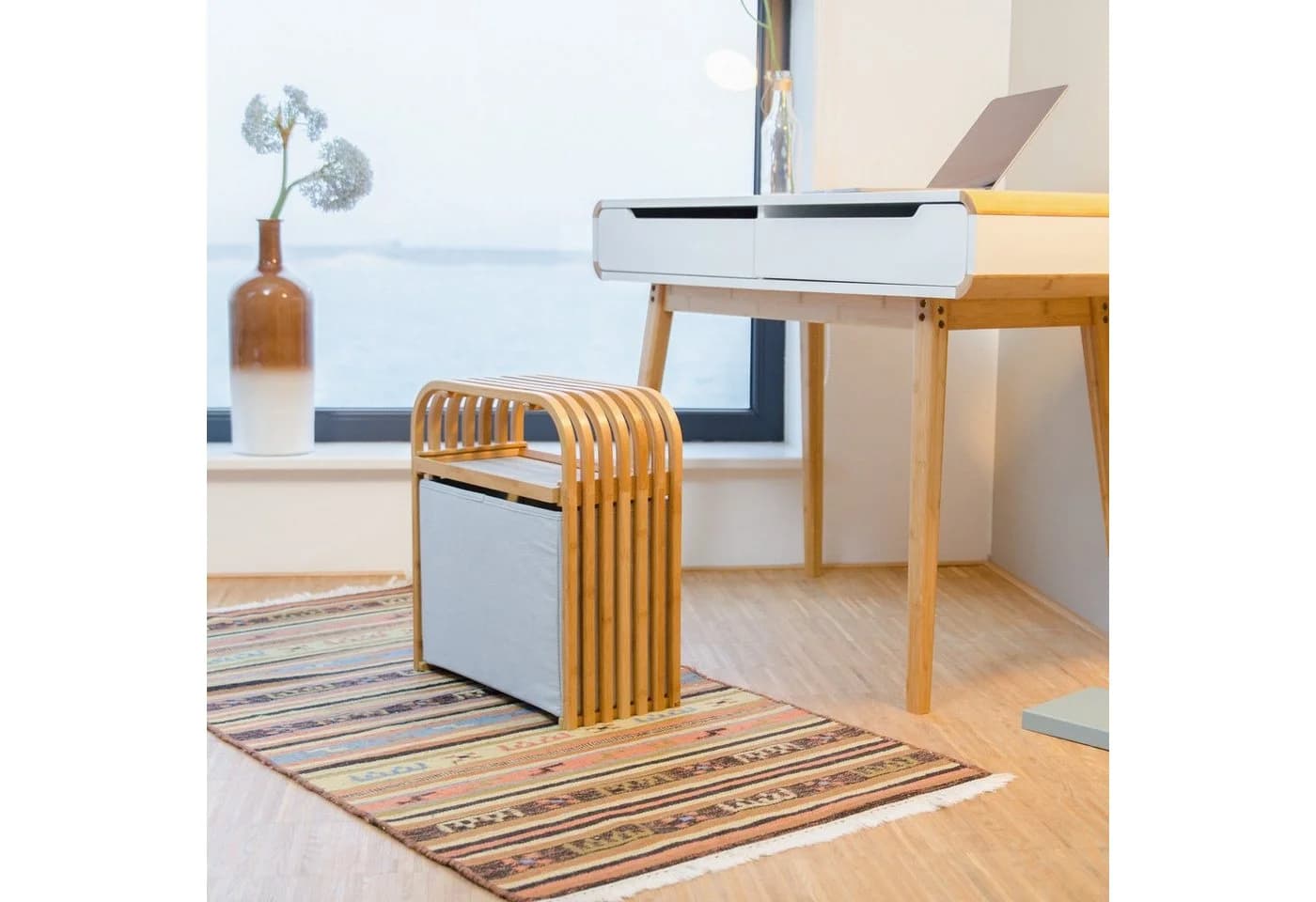 relaxdays Stauraumhocker Bambus Hellgrau Skandinavisches Design