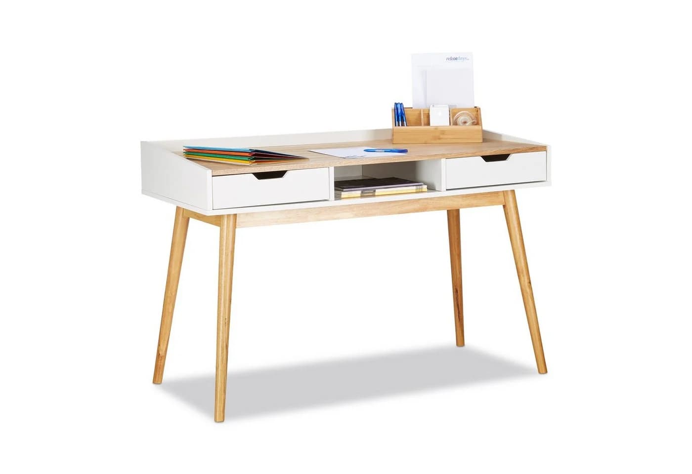 relaxdays Schreibtisch 2 Schubladen Weiß-Braun Kiefernholz Skandinavisch - Bild 2