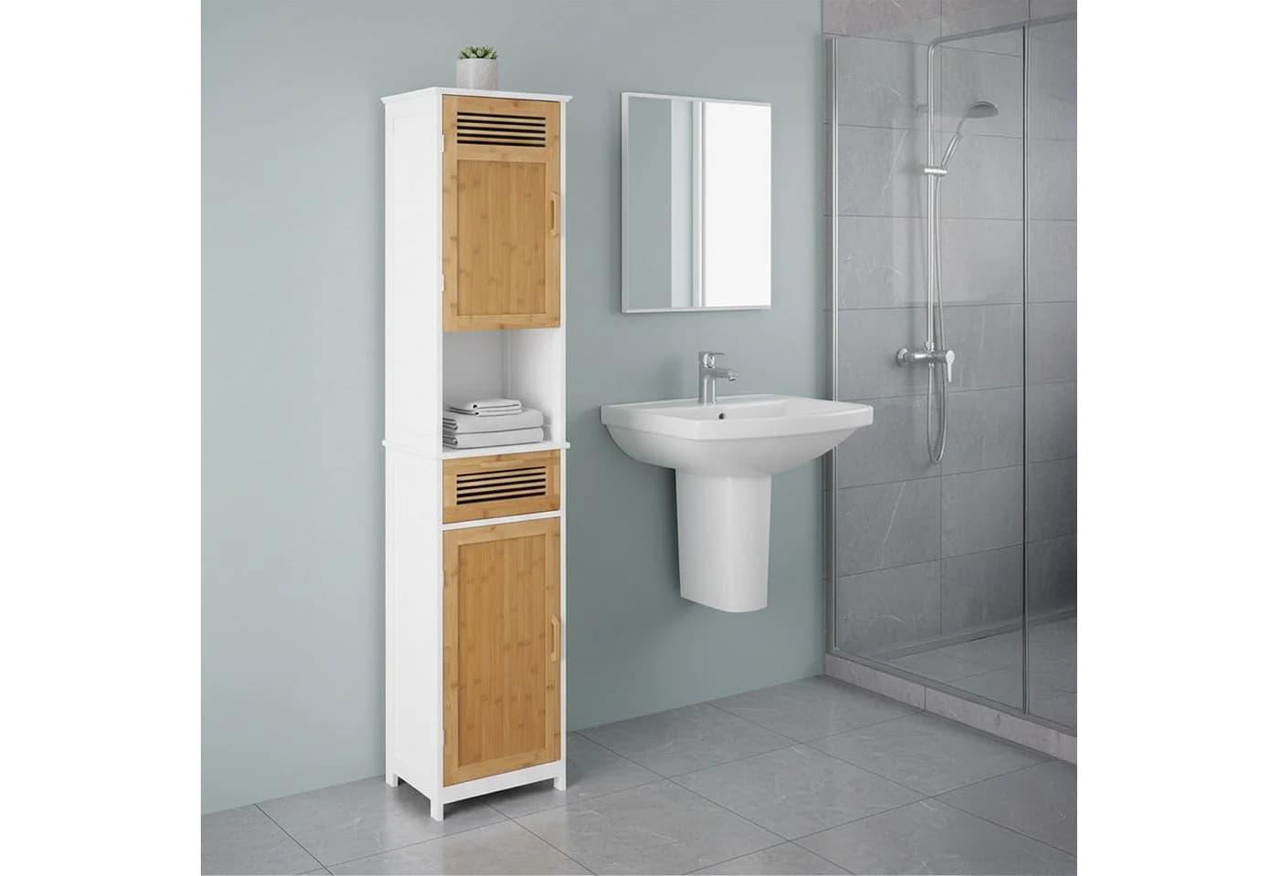 relaxdays Badschrank hoch Landhausstil Bambus Weiß/Braun