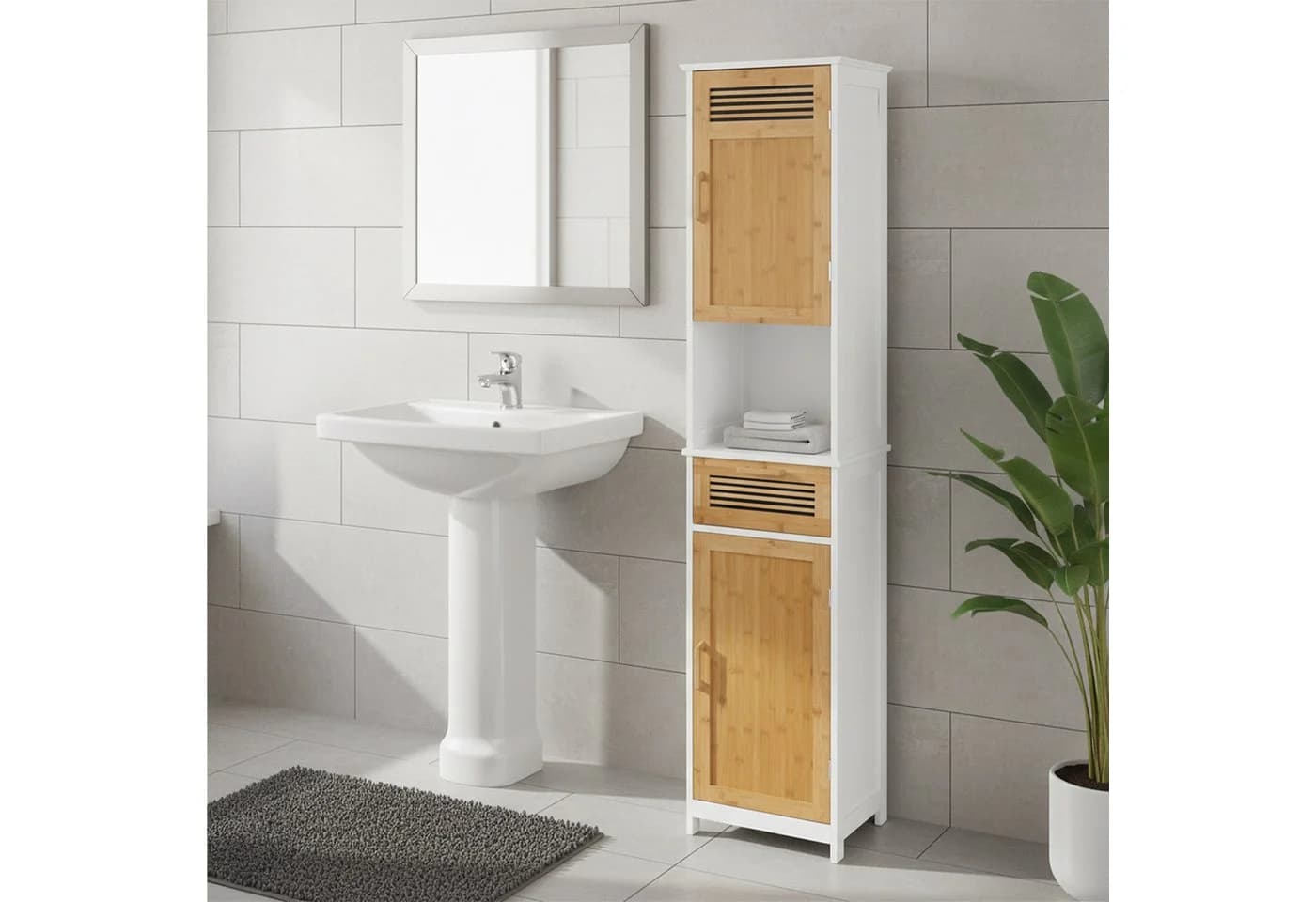 relaxdays Badschrank hoch Landhausstil Bambus Weiß/Braun - Bild 3