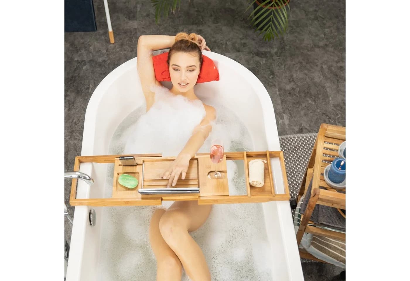 relaxdays Badewannenablage Bambus mit Buchstütze und Weinglashalter