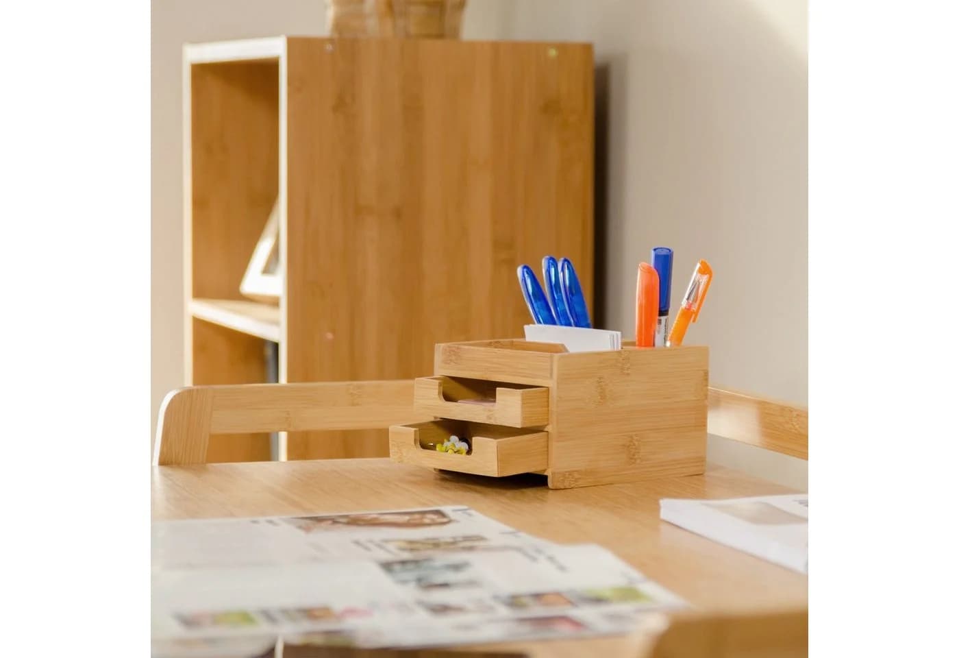 relaxdays Schreibtisch Organizer aus Bambus mit Schubladen