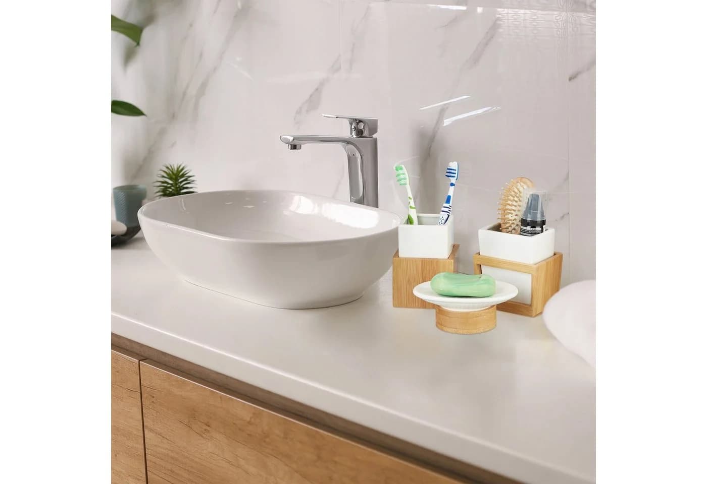 relaxdays Badezimmer-Set 4-tlg. Bambus & Keramik Weiß - Bild 5