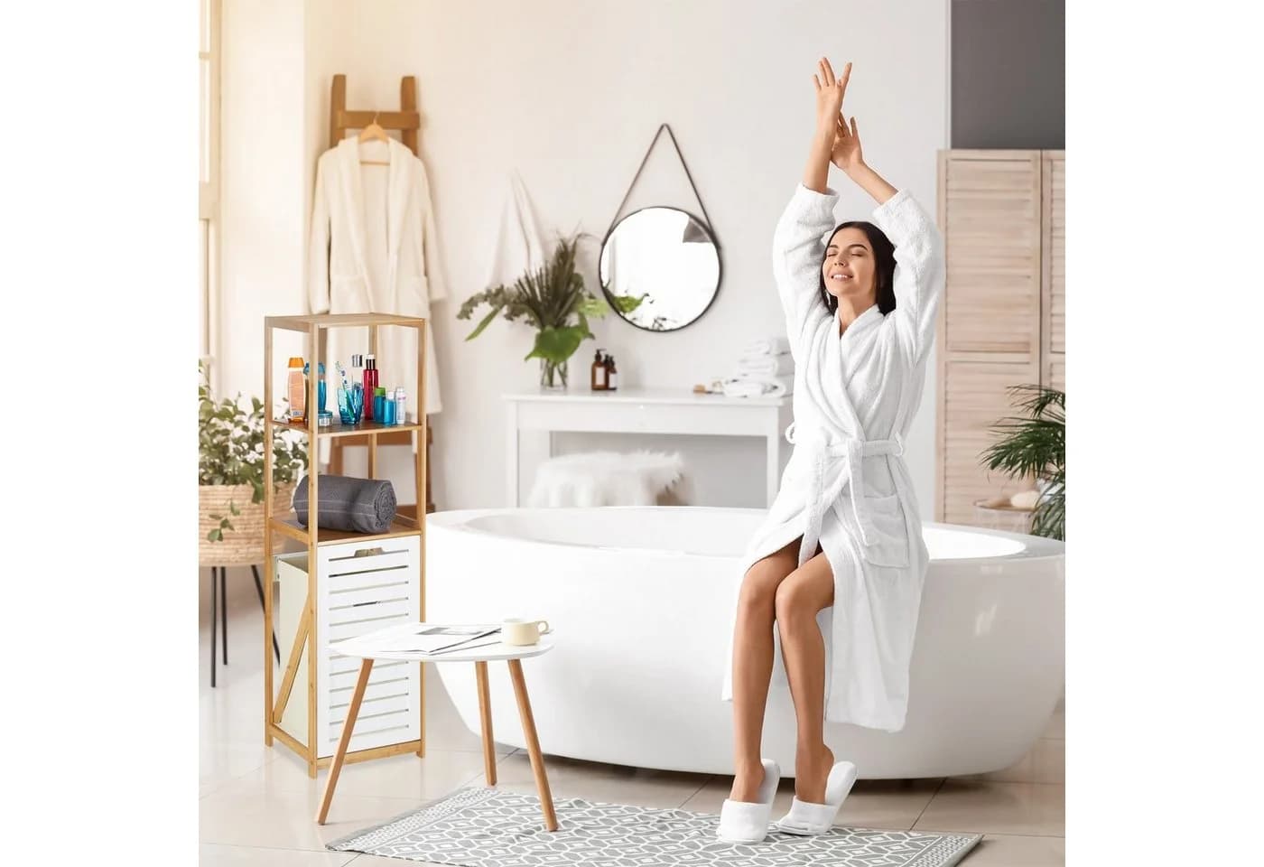 relaxdays Badregal mit Wäschekorb Bambus