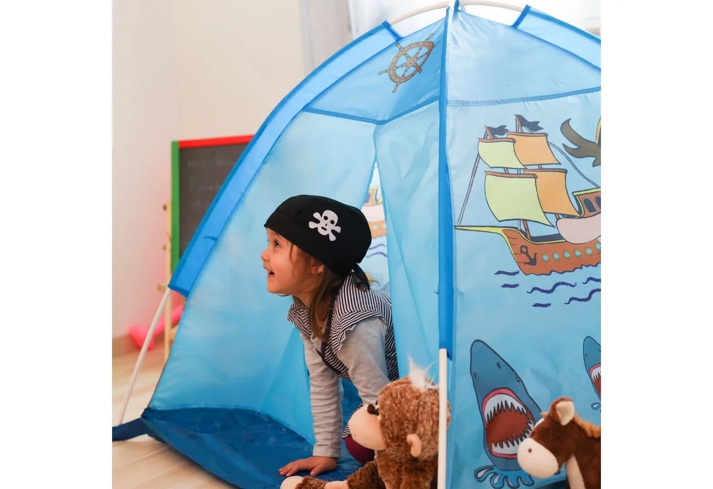 relaxdays Spielzelt Pirat in Blau - Kinderzelt mit 2 Luken