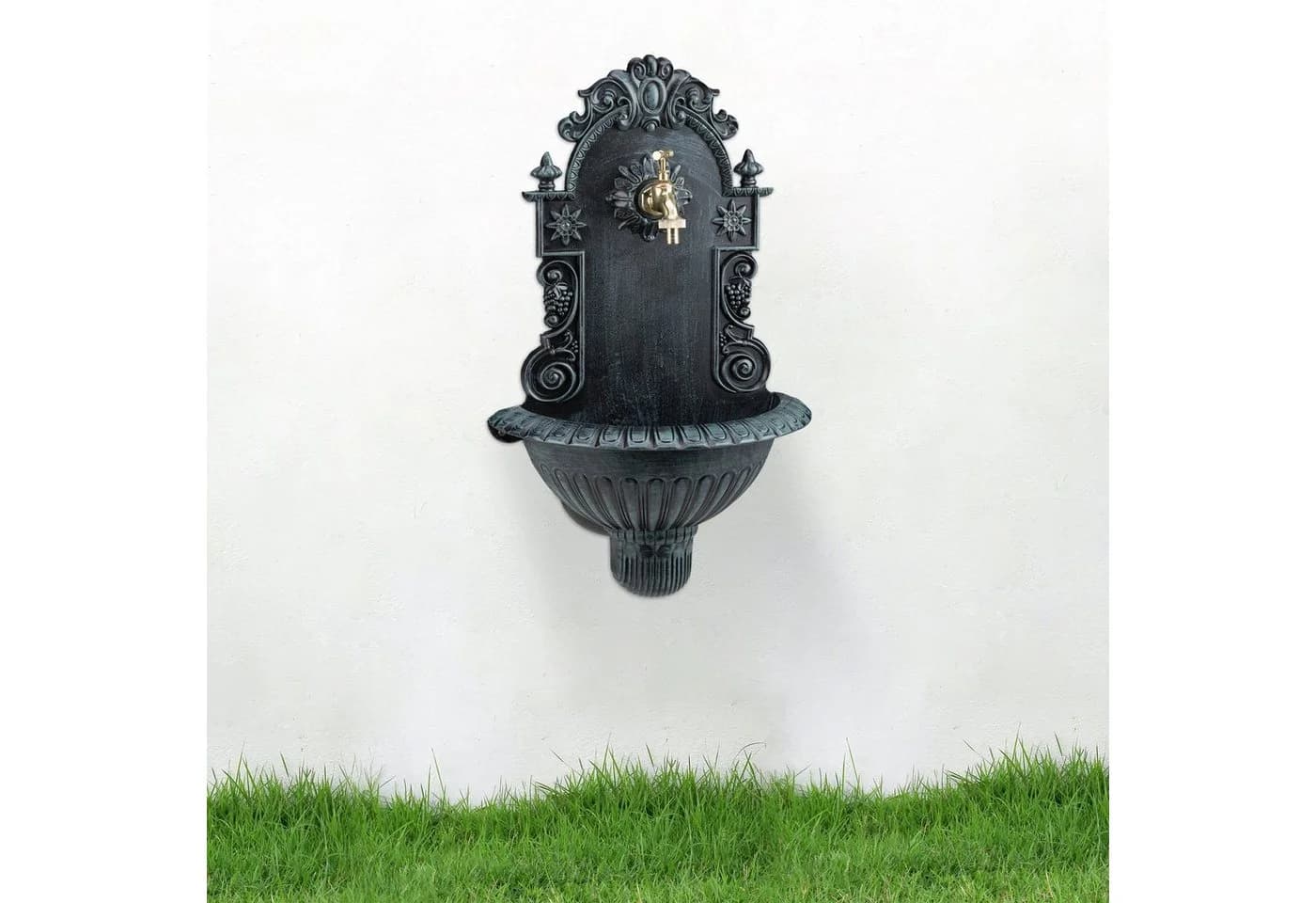 relaxdays Gartenbrunnen Wandbrunnen Antik Aluminium Dunkelgrün/Gold