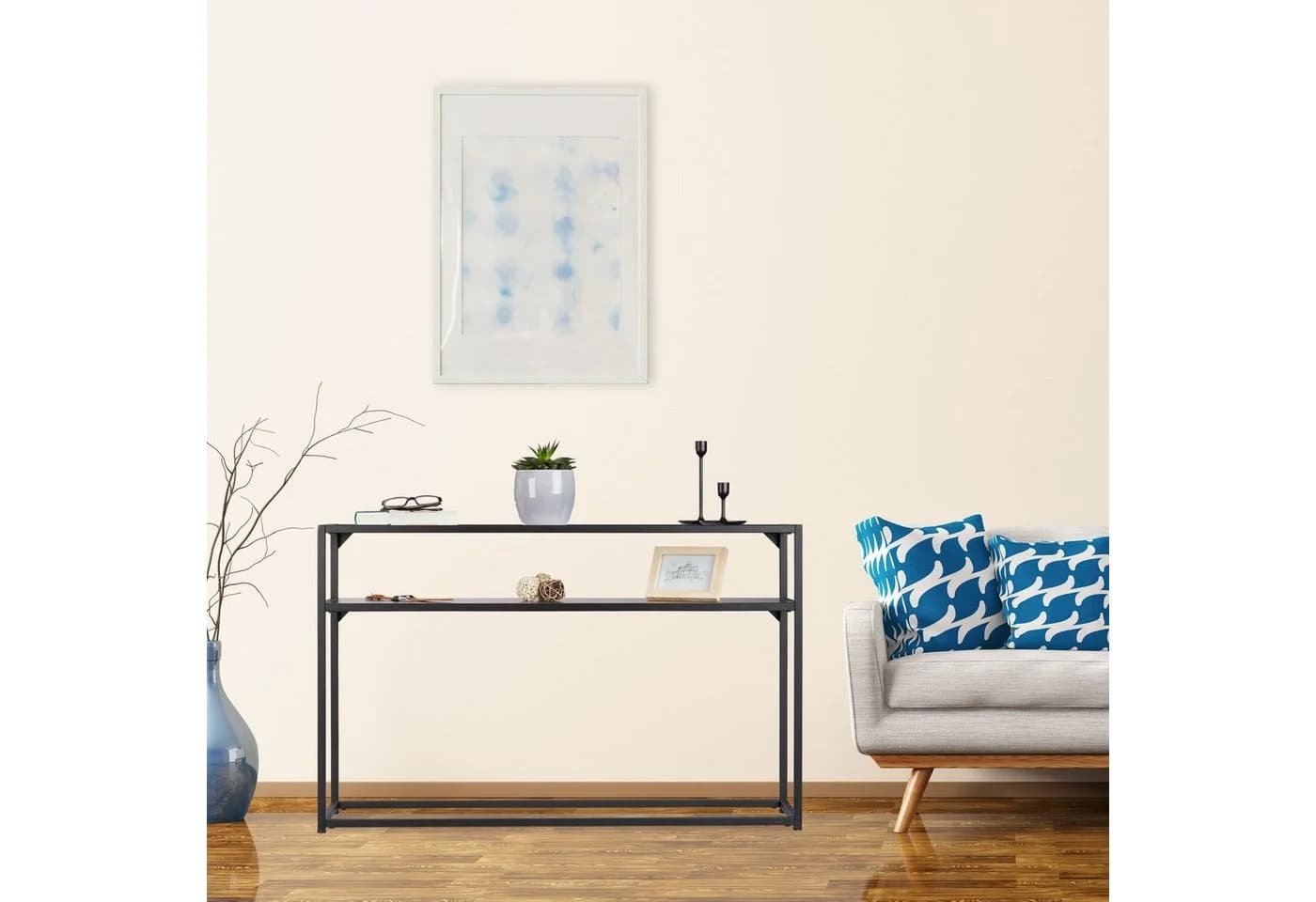 relaxdays Konsolentisch Schwarz mit Glasplatte und Ablage