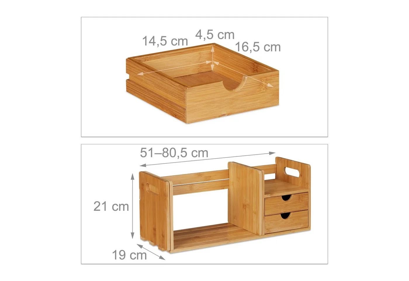 relaxdays Schreibtisch Organizer Bambus mit 2 Schubladen und ausziehbarem Regal - Bild 4