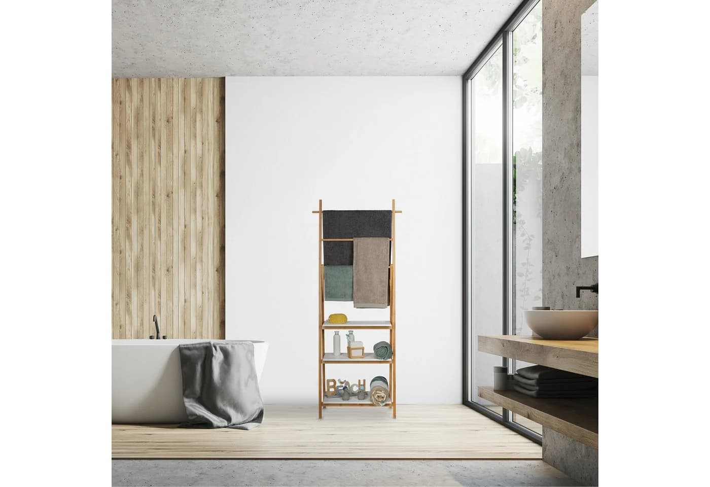 relaxdays Handtuchständer mit Regal Bambus Weiß - Bild 3