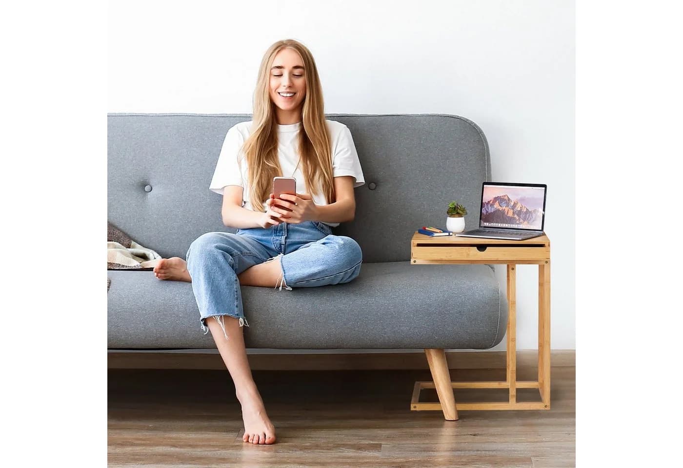 relaxdays Beistelltisch Bambus mit Schubfach Natur