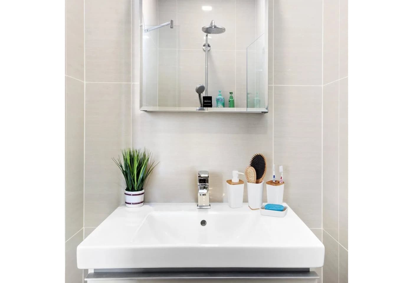 relaxdays Badorganizer 4-teiliges Badaccessoires Set Kunststoff Bambus