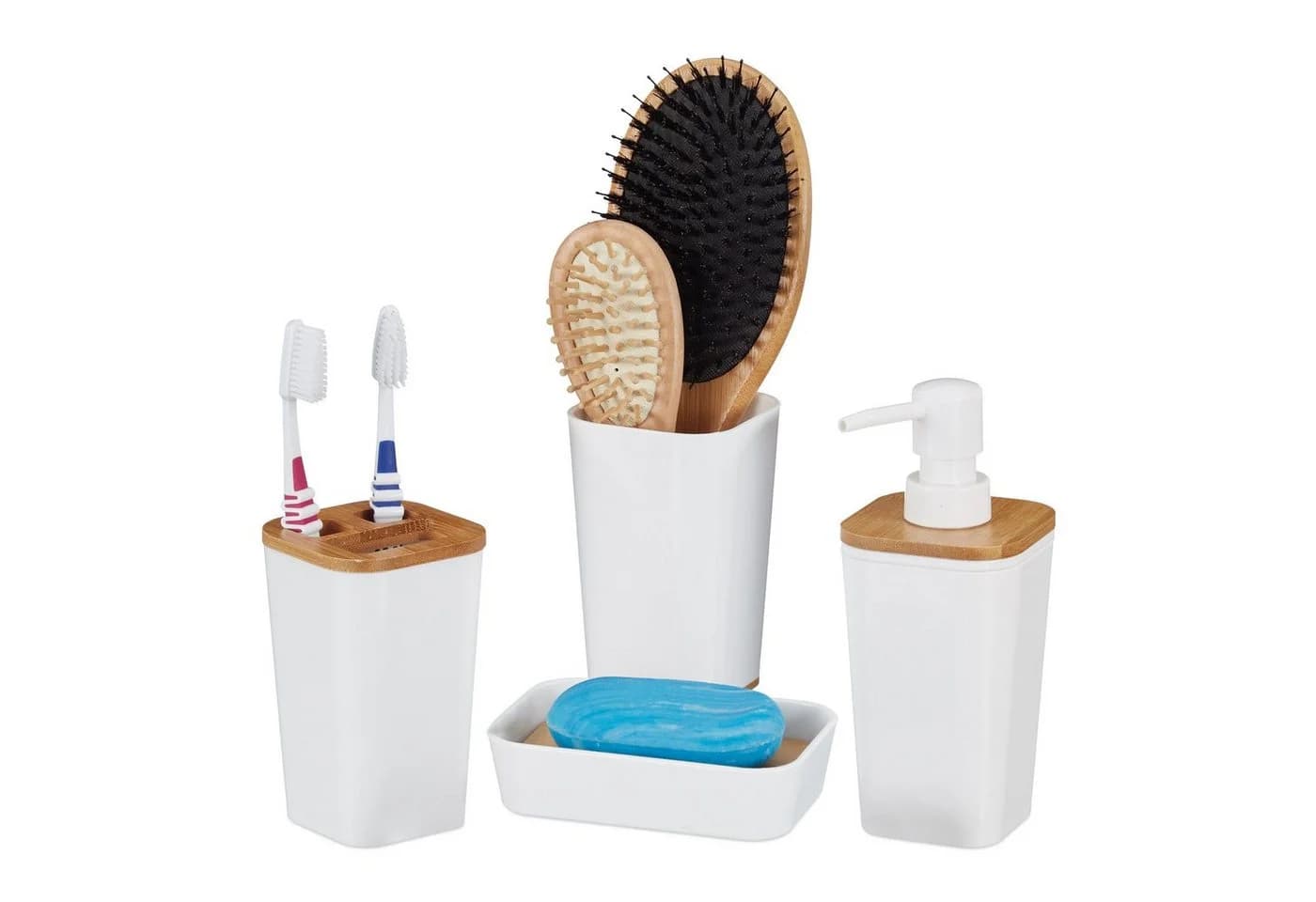 relaxdays Badorganizer 4-teiliges Badaccessoires Set Kunststoff Bambus - Bild 2