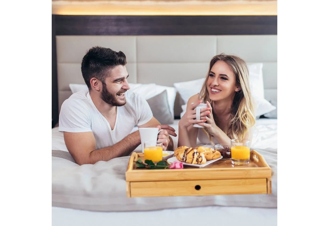 relaxdays Serviertablett Bambus mit Schublade Braun