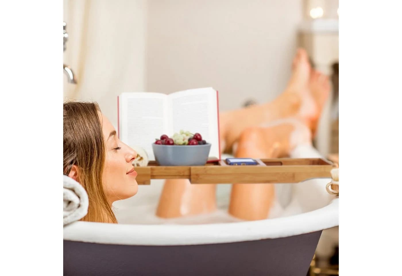 RELAXDAYS Badewannenablage aus Bambus mit Buchstütze und Weinglashalter