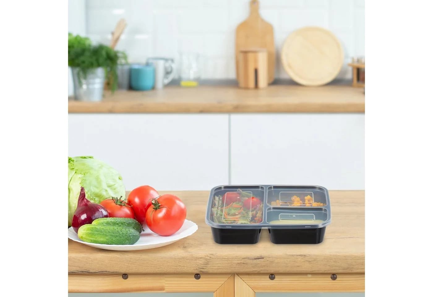 relaxdays Lunchbox 10er Set Meal Prep Boxen 3 Fächer Schwarz Transparent