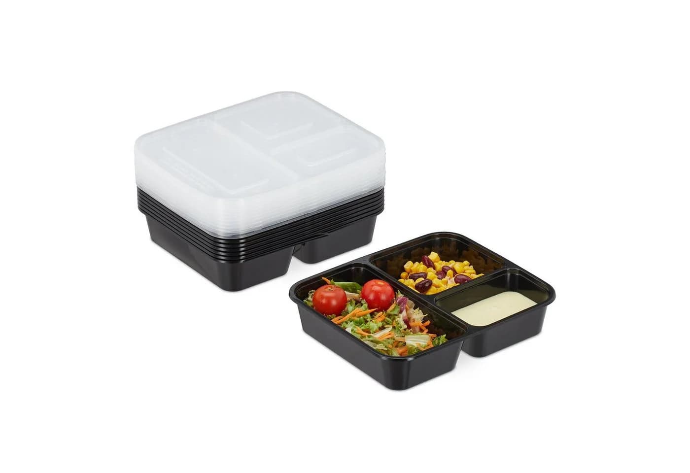 relaxdays Lunchbox 10er Set Meal Prep Boxen 3 Fächer Schwarz Transparent - Bild 2