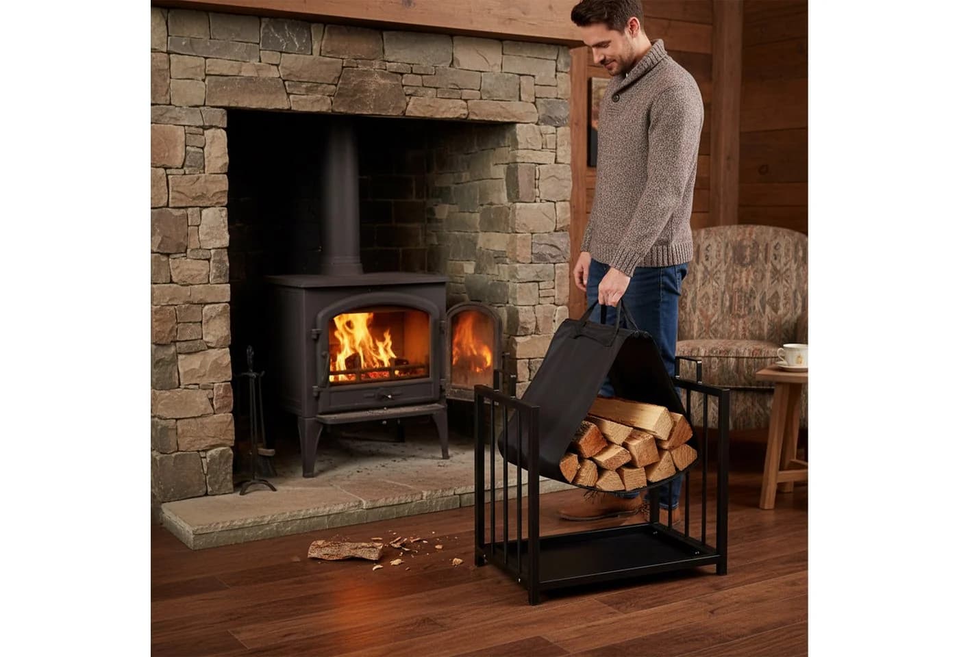 RELAXDAYS Kaminholzregal Schwarz mit Tragetasche aus Stahl - Bild 3