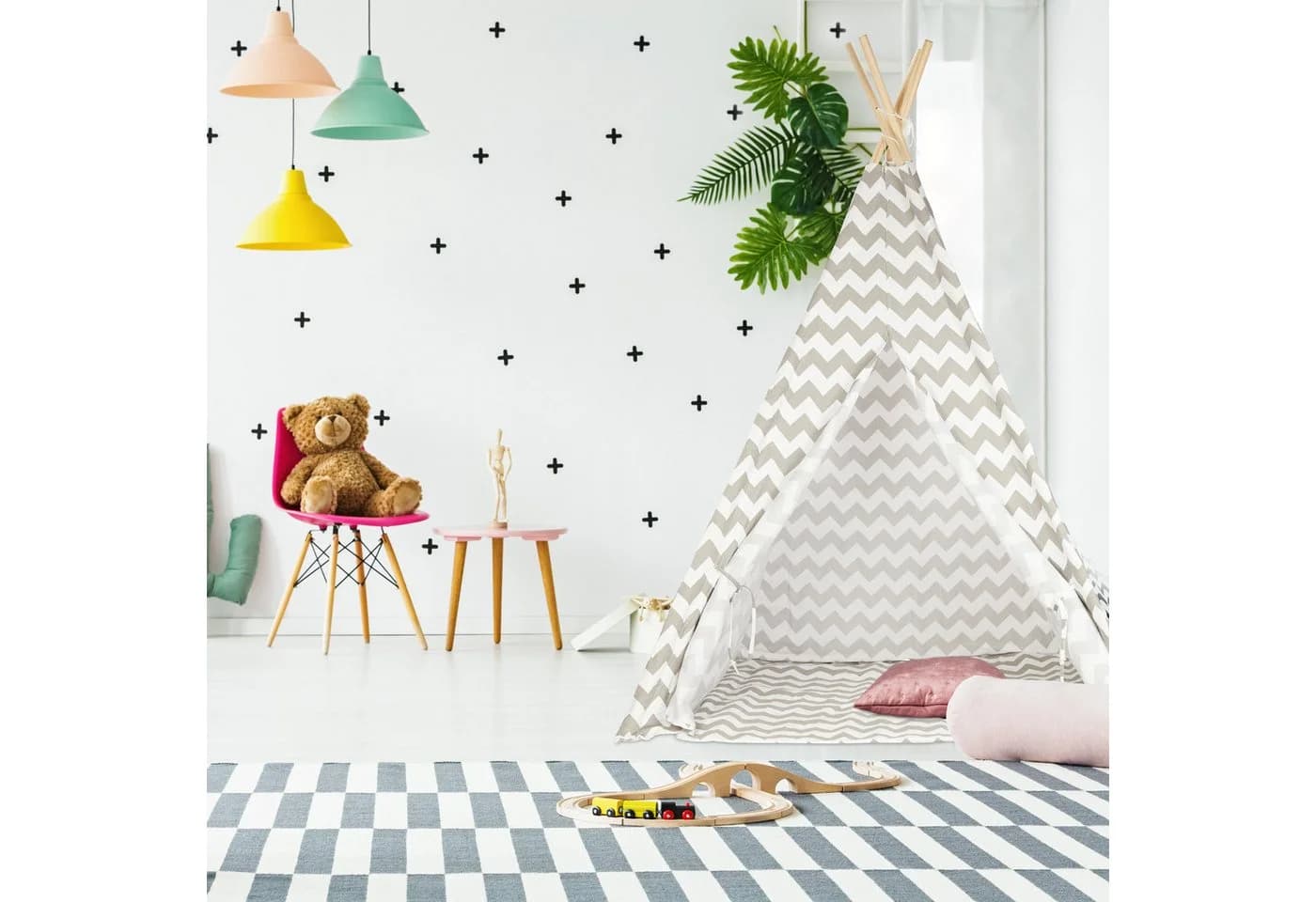 relaxdays Spielzelt Tipi Zelt Kinder - Leinen Holz Zickzack