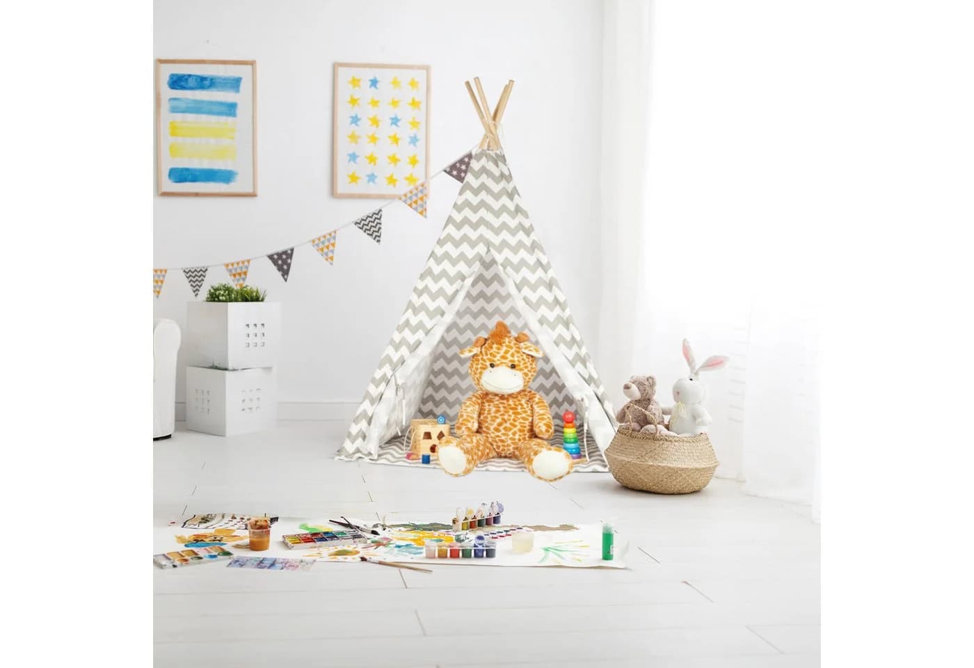 relaxdays Spielzelt Tipi Zelt Kinder - Leinen Holz Zickzack - Bild 3