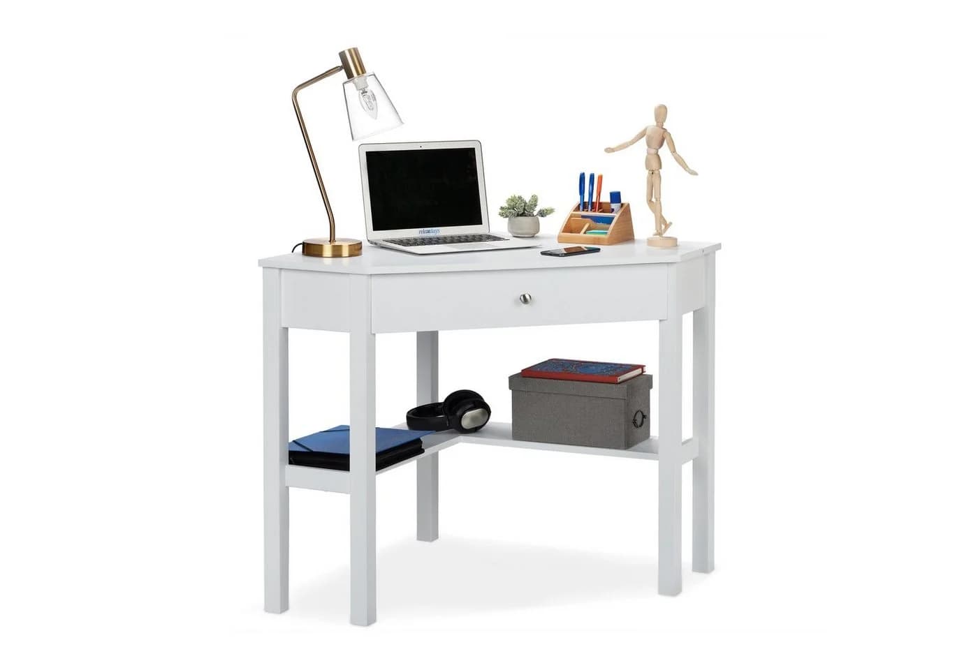 relaxdays Eckschreibtisch Weiß Landhaus-Design mit Schublade und Ablage - Bild 2