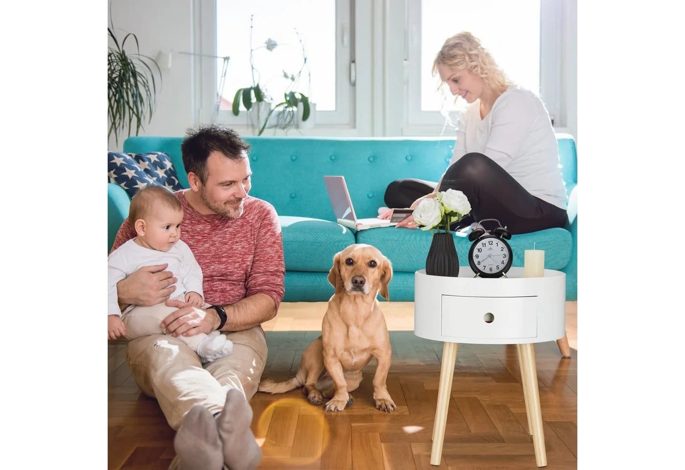 relaxdays Beistelltisch mit Schublade Weiß Kiefernholz