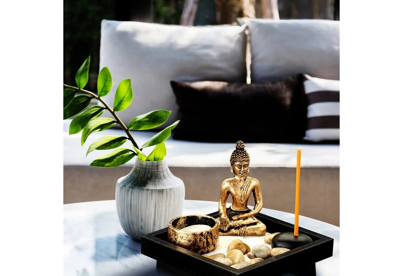 relaxdays Buddhafigur Zen Garten mit Buddha Schwarz/Bronze