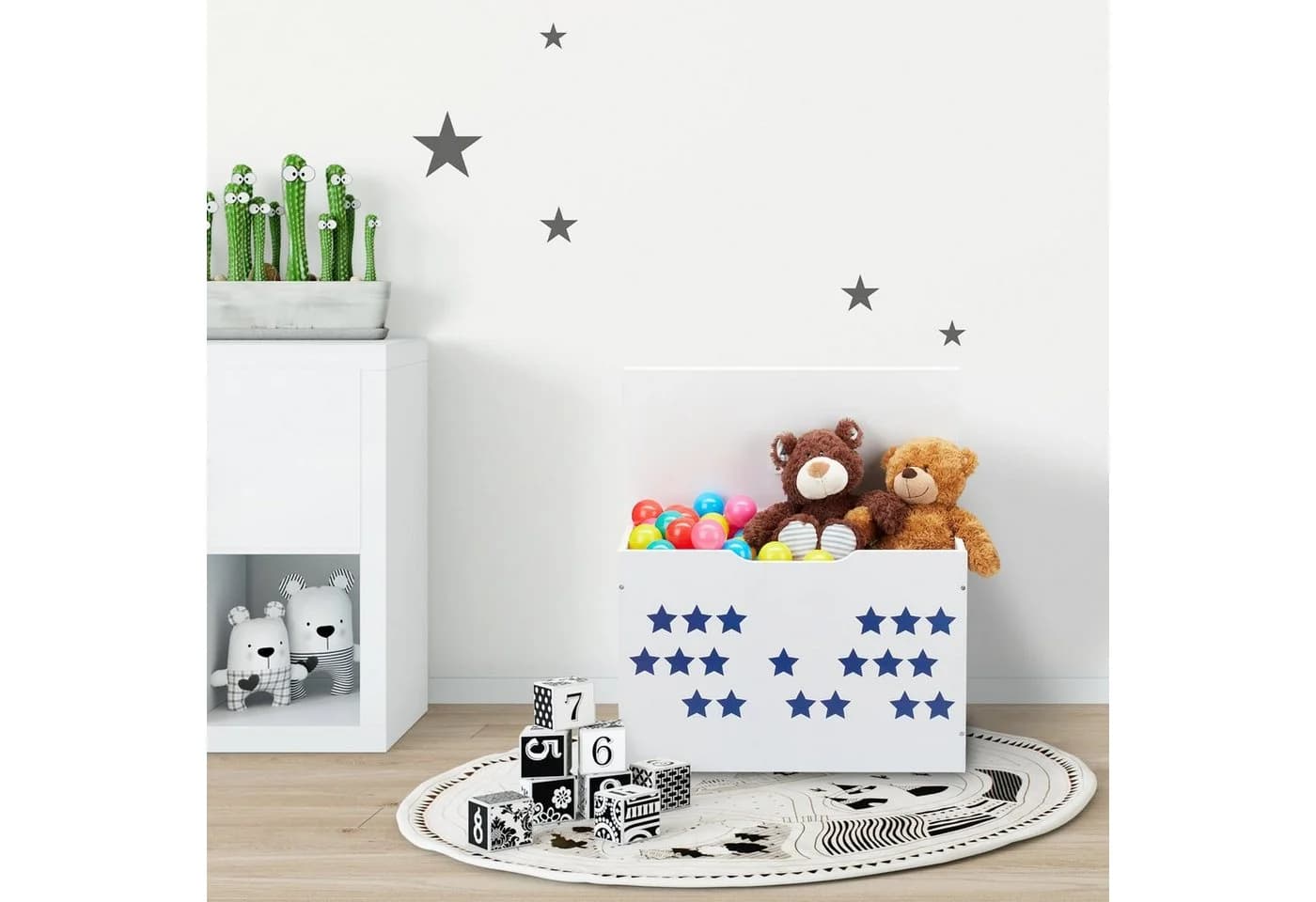 relaxdays Spielzeugtruhe Weiß Blau Sternen Sitzbank