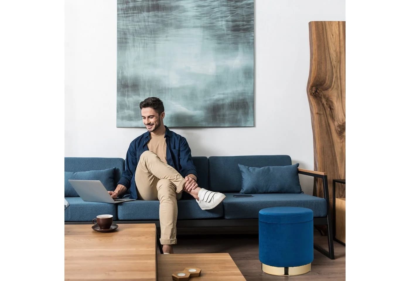 relaxdays Sitzhocker Samthocker mit Stauraum Blau - Bild 5