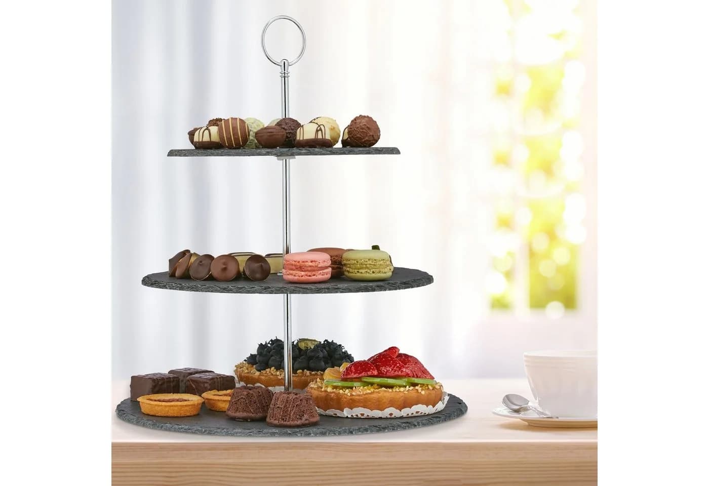 relaxdays 3-stöckige Etagere aus Schiefer mit Metallgriff