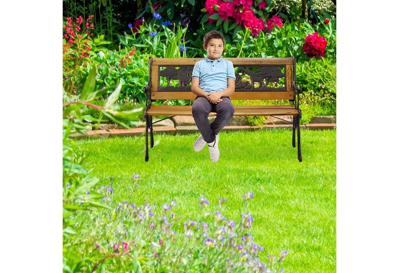 relaxdays Kinder Gartenbank mit Tier-Motiv Natur - Bild 1
