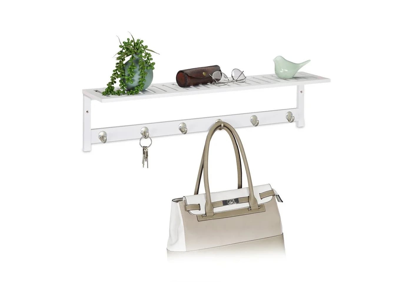 relaxdays Wandgarderobe Weiß mit Ablage 6 Haken Bambus - Bild 2