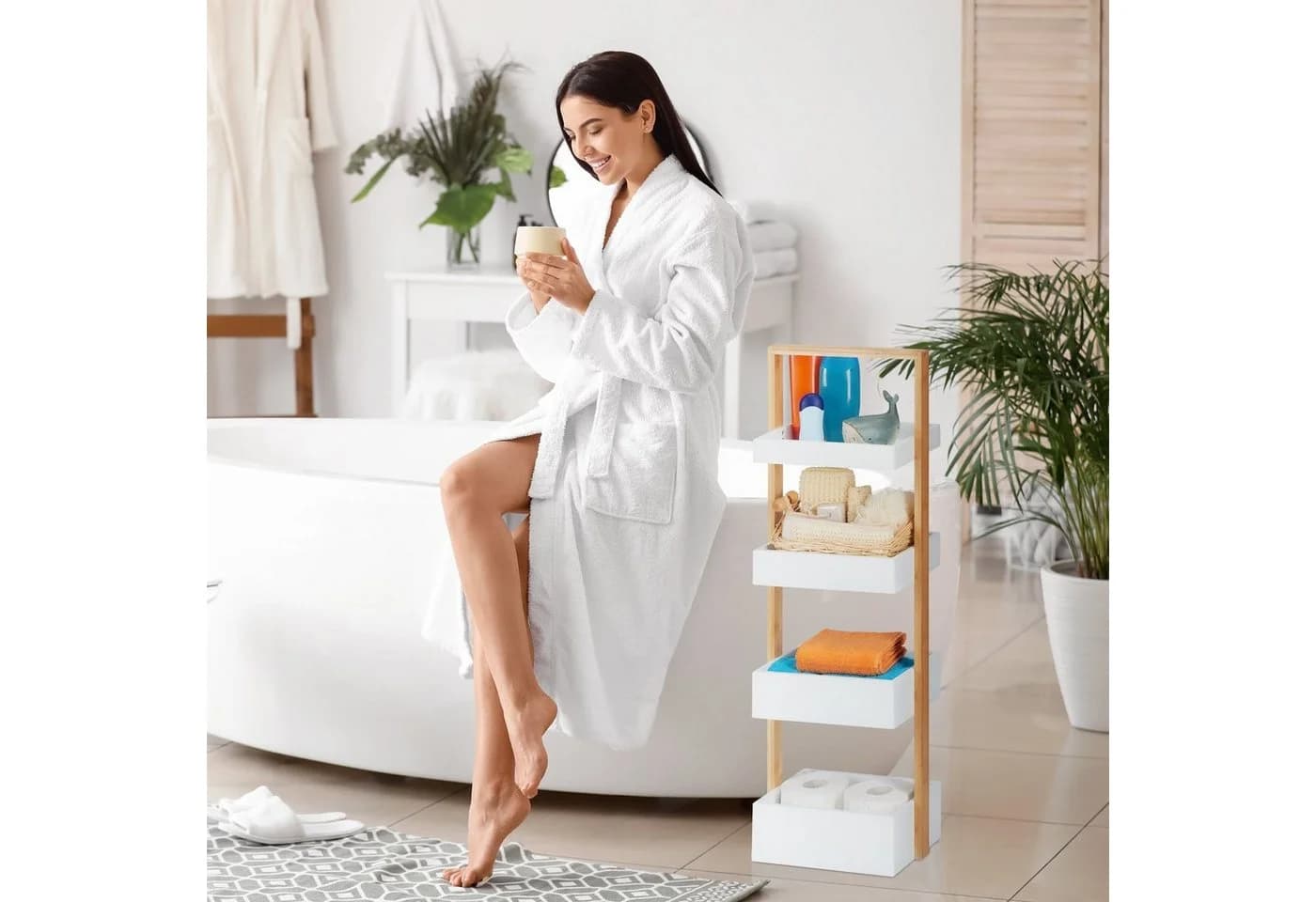 relaxdays Badregal mit 4 Ablage Bambus Weiß