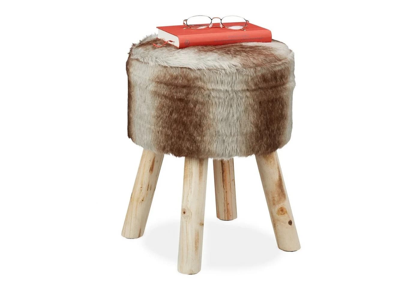 relaxdays Fellhocker rund Brau Grau Kunstfell Sitzhocker - Bild 2
